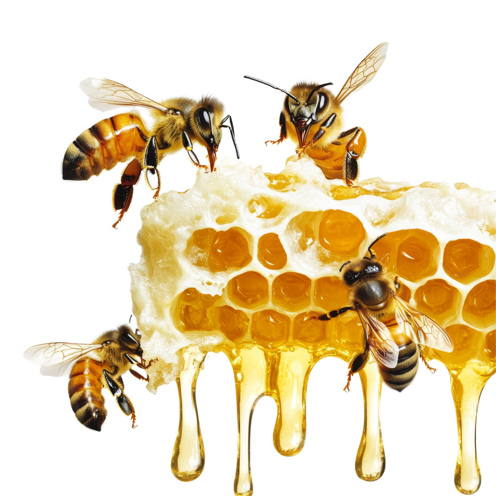 Bees collecting nectar from honeycomb during a sunny day with a transparent background, bees and their honey, transparent background, png