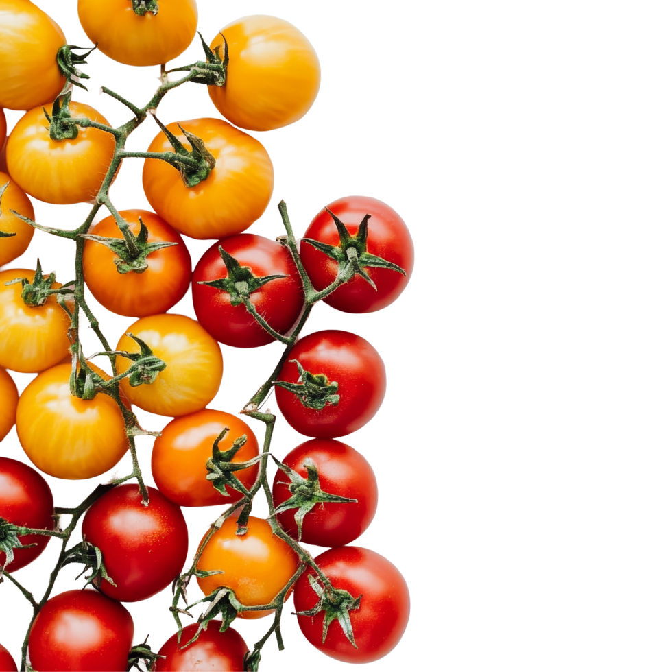 Colorful arrangement of ripe red and yellow tomatoes on a clean transparent background captures fresh produce aesthetics, red and yellow tomatoes on transparent background png