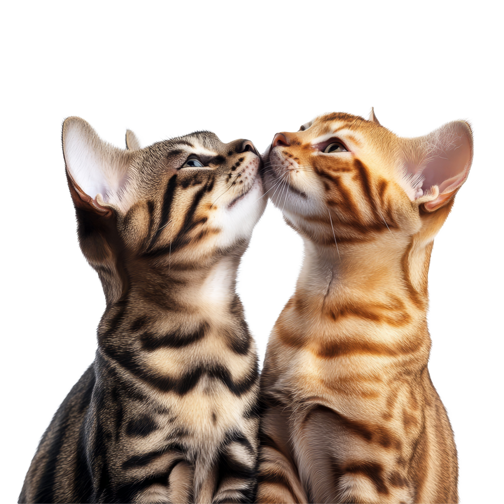 Two Bengal cats playfully interacting on a clean transparent background captured in a serene moment of companionship, two bengal cats isolated on transparent background png