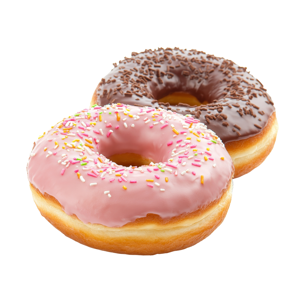 Delicious donuts with pink and chocolate frosting on a clean transparent background, donuts isolated on transparent png