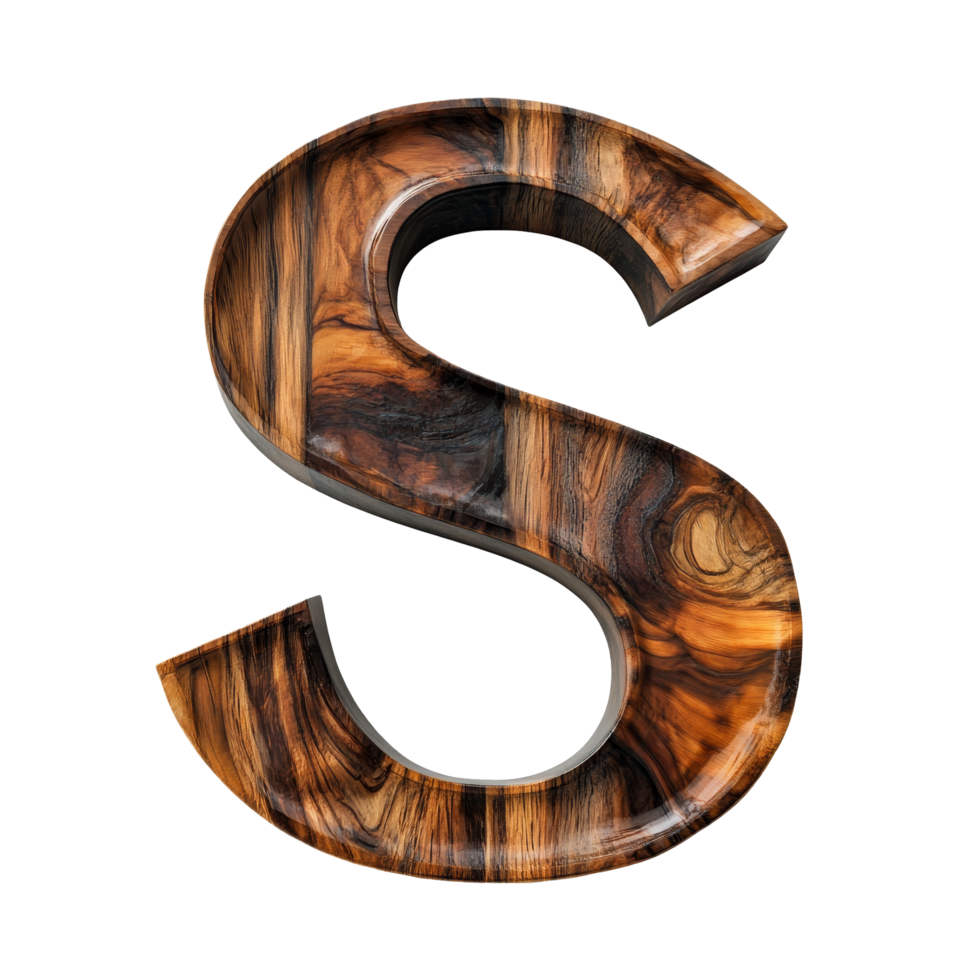 Beautifully crafted wooden letter S displayed on a pristine transparent surface, showcasing intricate patterns, consonant letter s is used to make words on transparent backgroundfile png