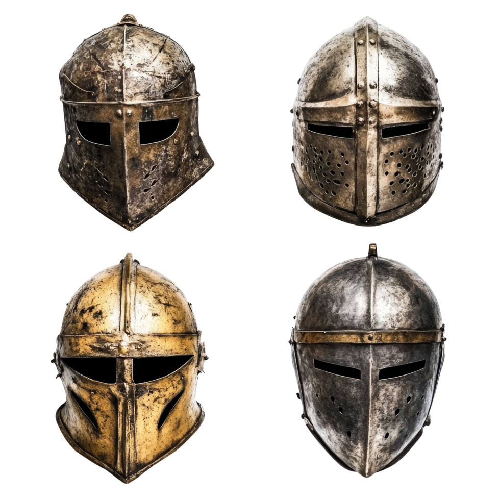 Four unique medieval metal knight helmets on a transparent background for historical reference, Medieval Knight Helmets on transparent background png