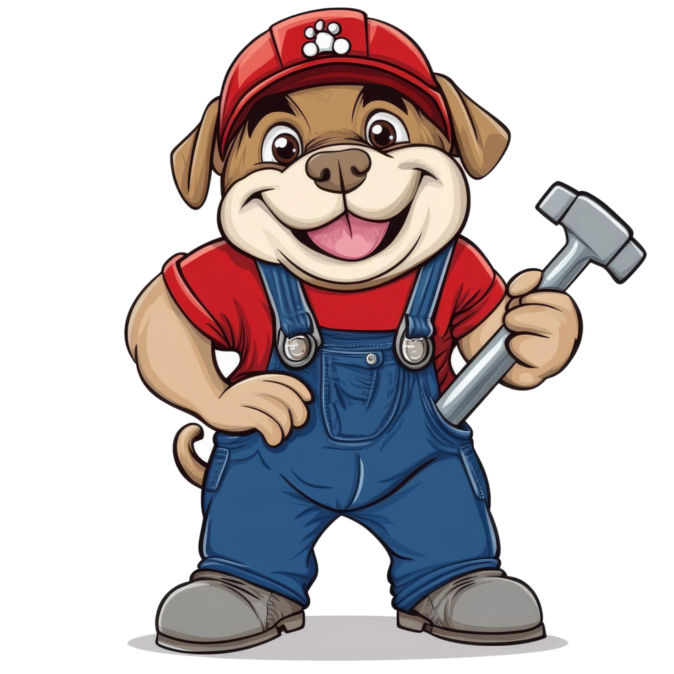 A cheerful cartoon bulldog worker in blue overalls holds a wrench against a plain transparent background, Cartoon Bulldog Worker with Wrench on transparent background Labor Day png