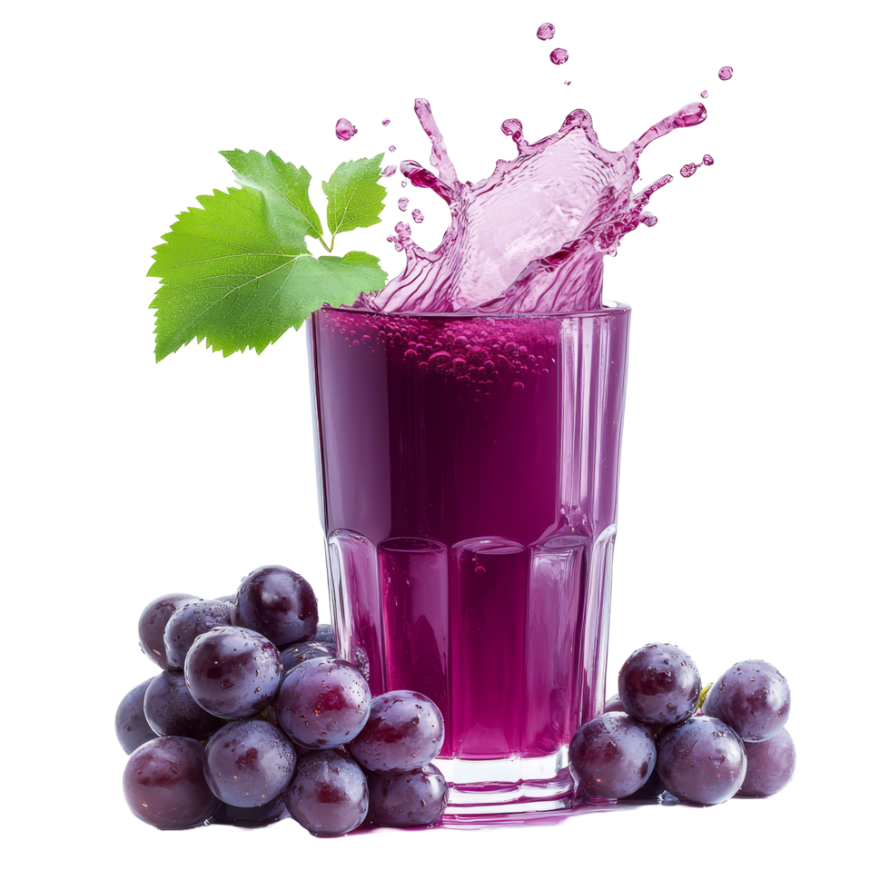 Fresh grape juice splashes into a clear glass surrounded by ripe grapes on a transparent background, Fresh grape juice splash on transparent background png