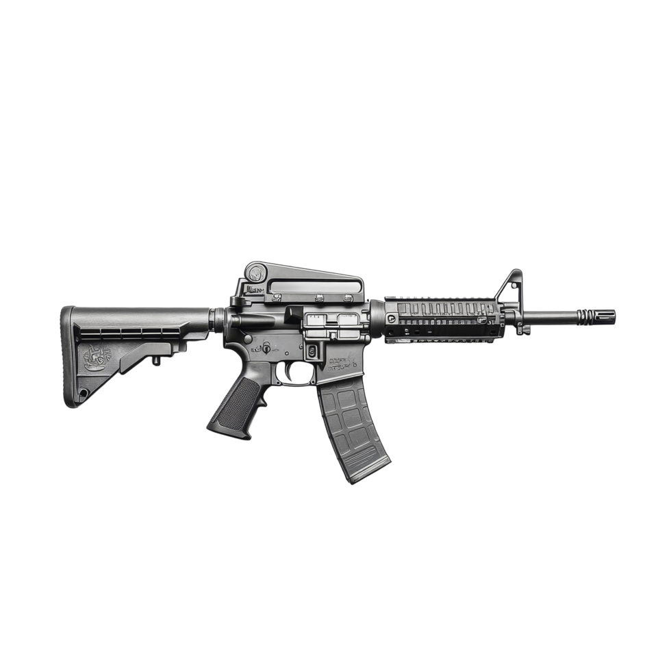 Assault rifle displayed on a transparent background highlighting its tactical features and design, M4A1 Assault Rifle on transparent background png