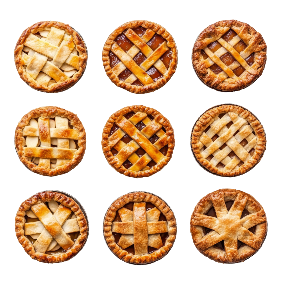 A delightful collection of freshly baked apple pies arranged in a grid pattern on a transparent surface for a stunning top view display, Apple pies top view isolated on transparent background png