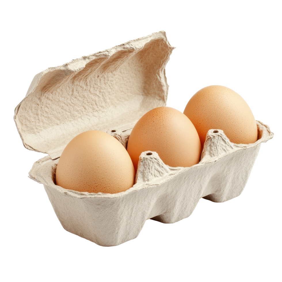 Egg carton with three brown eggs isolated on a transparent background showcasing a classic culinary staple, egg carton isolated on transparent background png