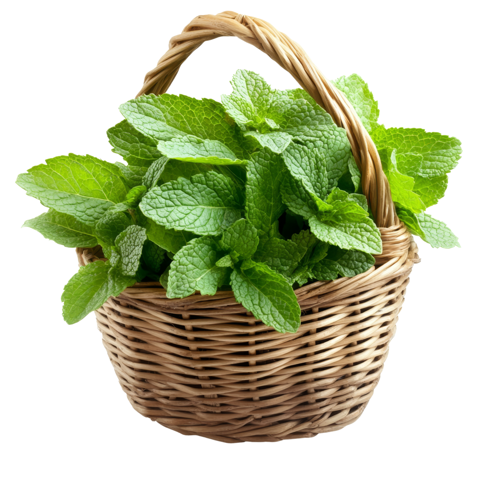 Fresh mint leaves in a woven basket on a bright transparent background ready for culinary use and decoration, mint leaf in the basket on transparent background png
