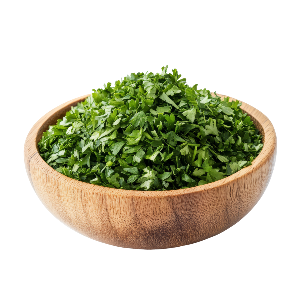 Dried parsley in a wooden bowl on a transparent background showcasing natural herbs and spices for culinary use, dried parsley in wood bowl isolated on transparent background png