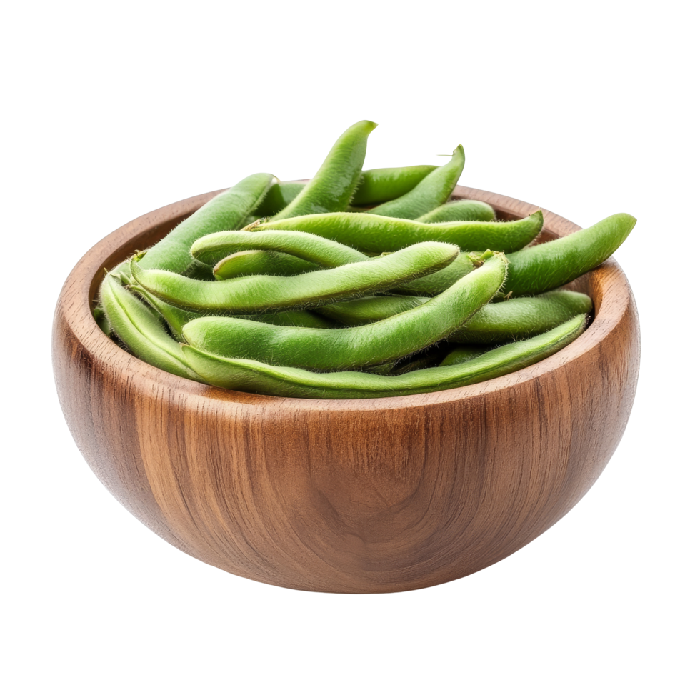 Fresh long beans or cowpeas presented in a wooden bowl against a transparent background, Long bean or cowpea in wood bowl isolated on transparent background png