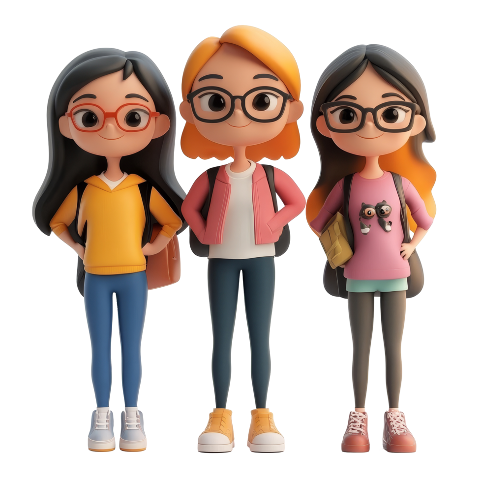 Three cheerful cartoon girls with backpacks and stylish outfits stand side by side, Student Girls 3D Cartoon Character Group on transparent background png