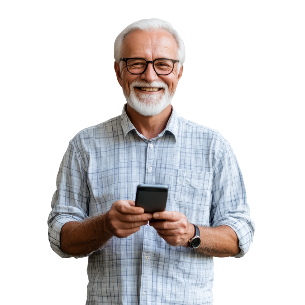 Smiling senior man holding a smartphone, enjoying a moment of connection and joy in a bright and cheerful setting, Smiling Senior Man with Phone on transparent background png