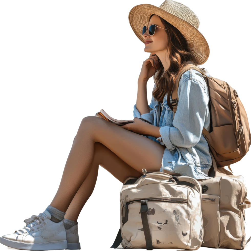 Traveler woman sitting on the ground with backpacks, reflecting on her journey in a tranquil outdoor setting, file no background Traveler woman sitting and taking a break png