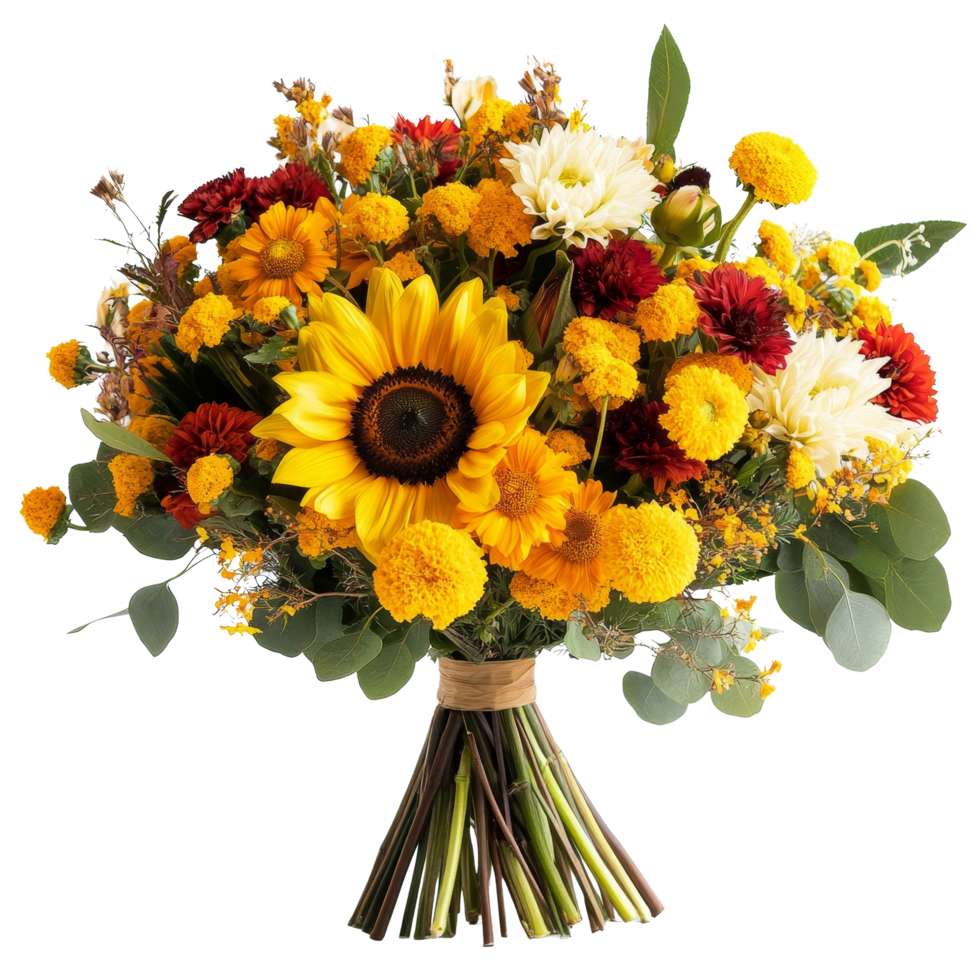 Bright spring bouquet featuring sunflowers, marigolds, and chrysanthemum transparent for any occasion, Bouquet with Sunflowers, Marigolds, and Chrysanthemums on transparent background png
