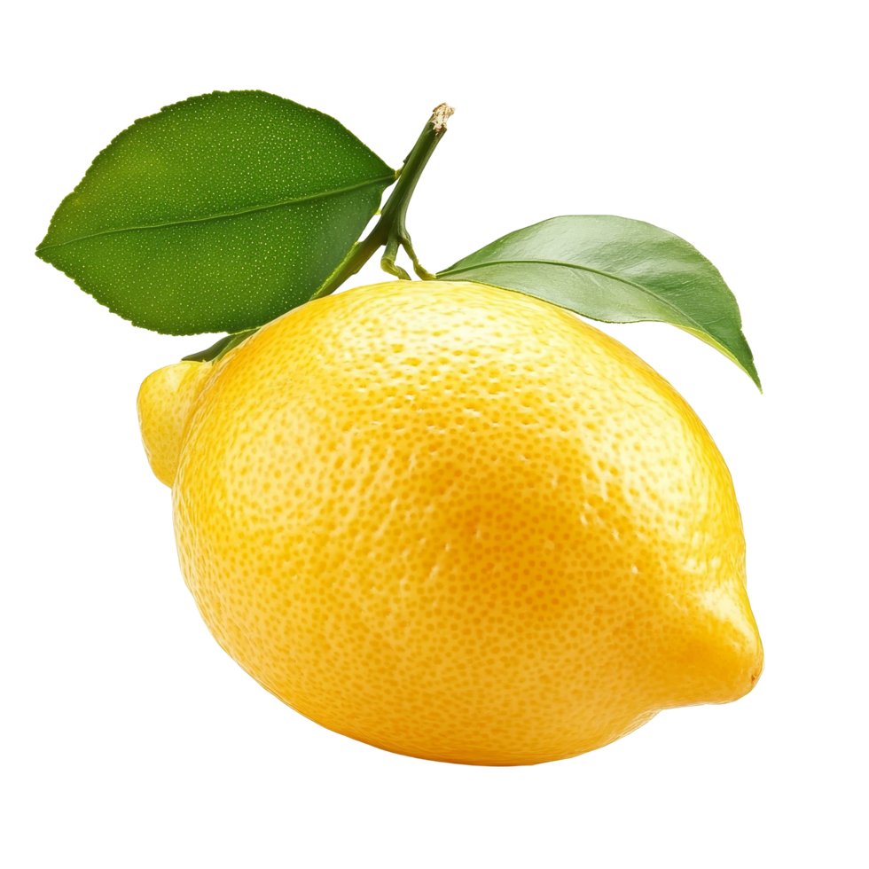 Fresh lemon fruit with green leaves isolated on a clean transparent background for culinary and design purposes, lemon fruit isolated on transparent background png