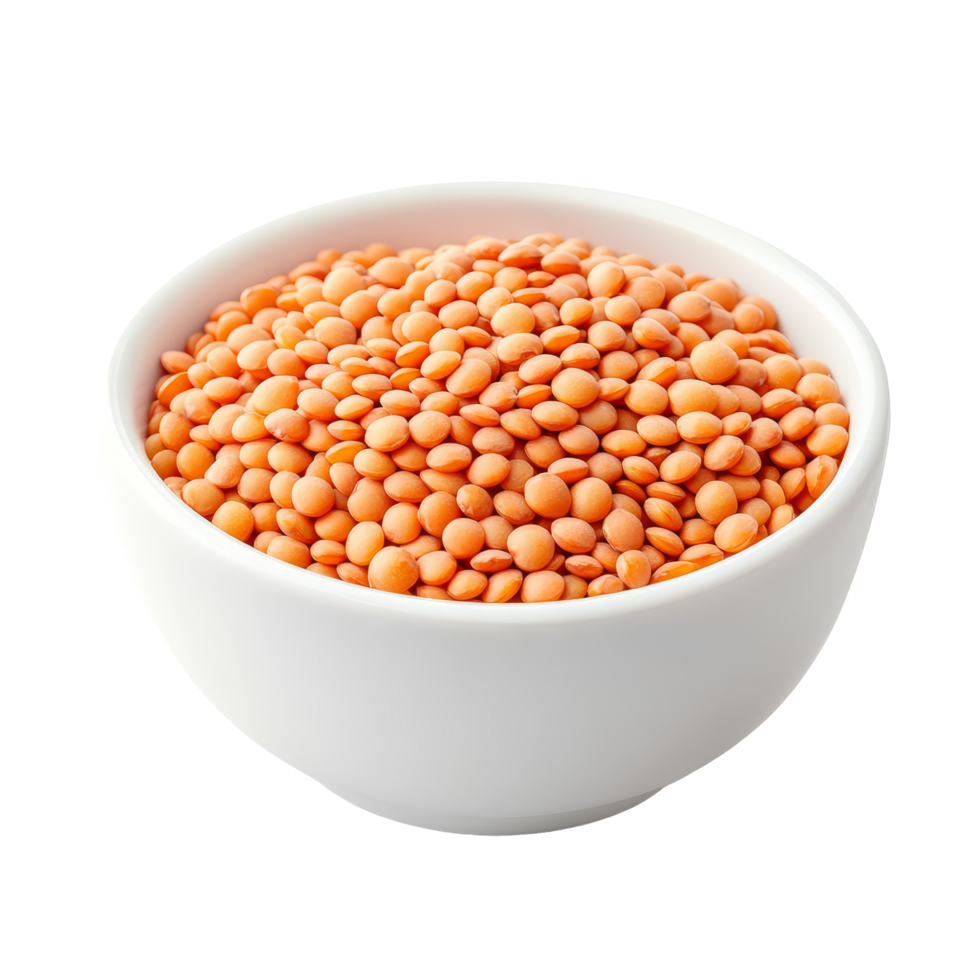 Uncooked lentils in a transparent bowl on a clean, transparent background ready for cooking, Uncooked lentils in transparent bowl isolated on transparent background png