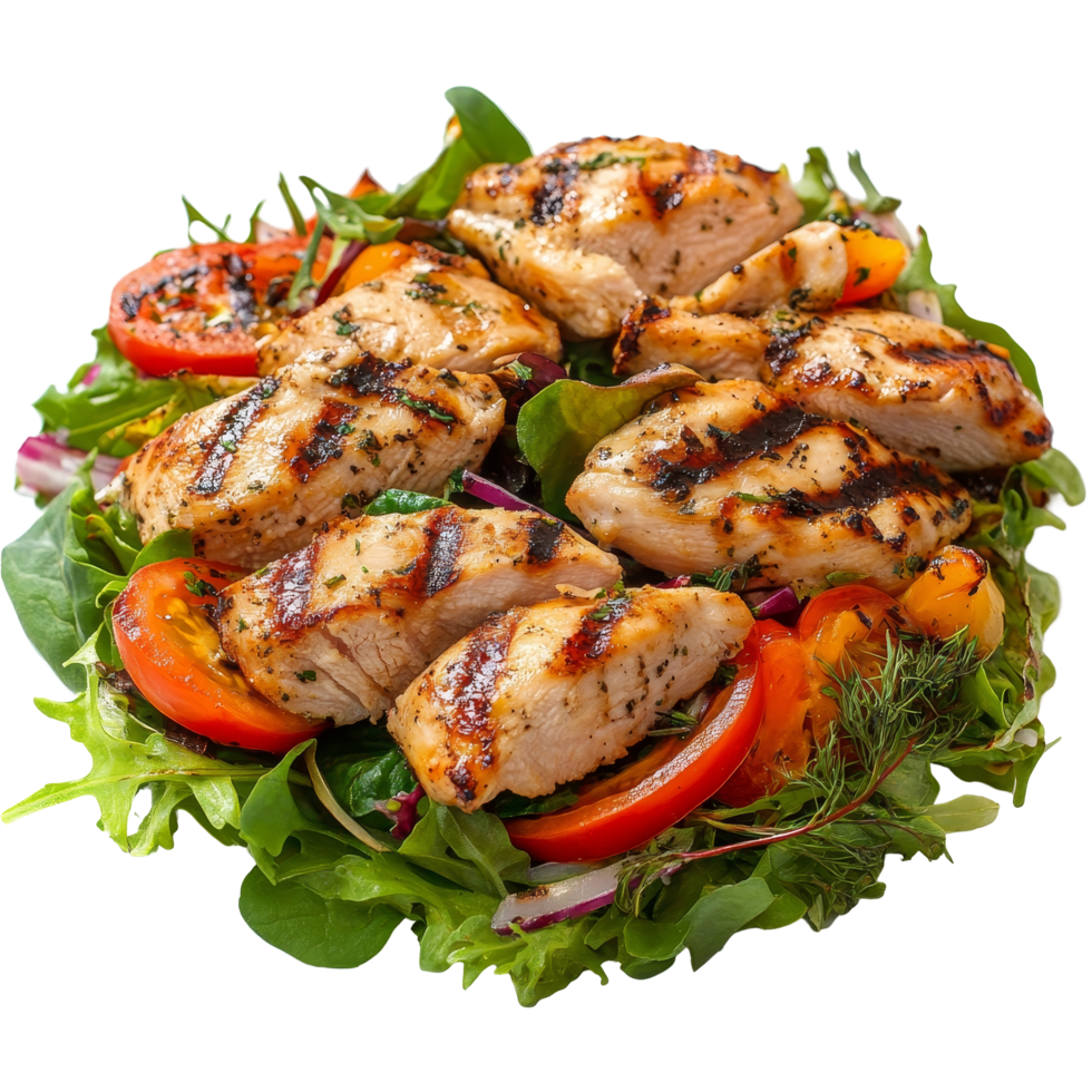 Warm grilled chicken salad with fresh vegetables served on a bed of mixed greens in a classic arrangement, Isolated portion of warm chicken grilled salad png
