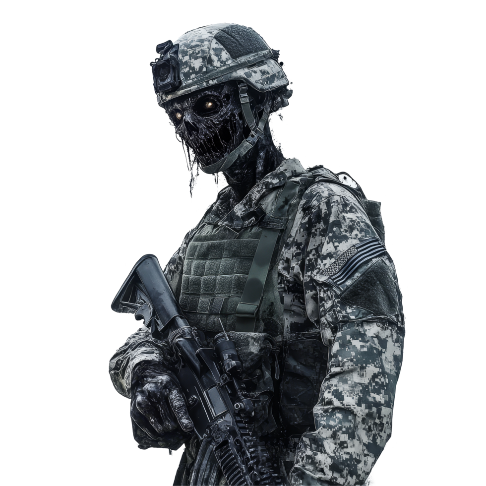 A military zombie stands in a static pose, holding a weapon against a stark transparent background, Military zombie on transparent background png
