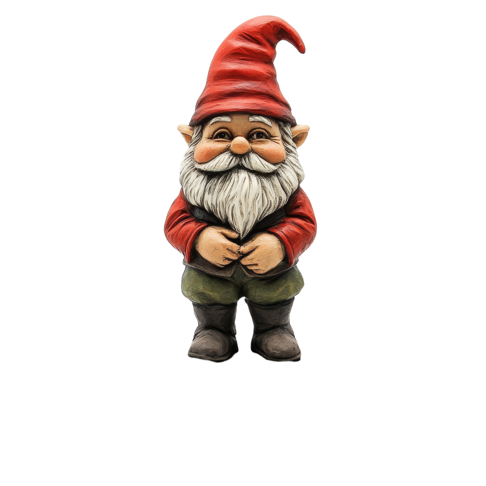 A whimsical gnome figure characteristically standing on a stone pedestal in a decorative garden setting, Whimsical Gnome Figure Standing on Stone Pedestal on transparent background png