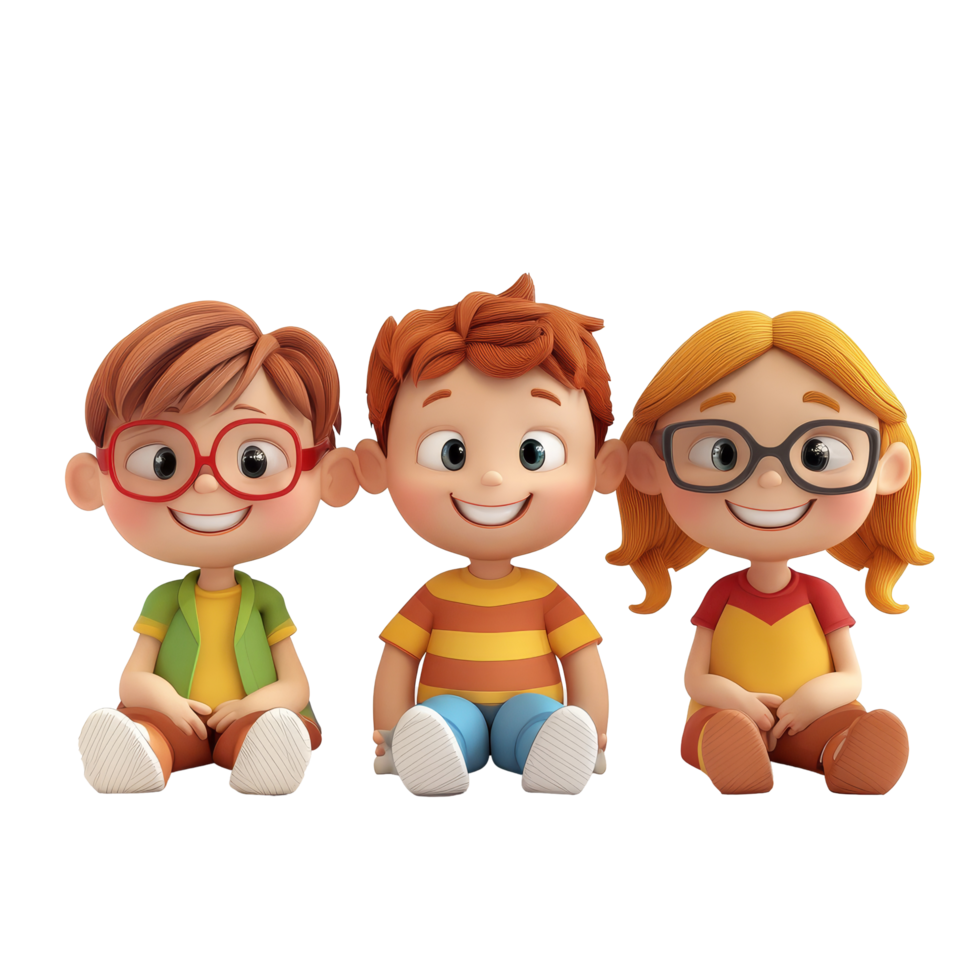 Cartoon children sitting together with bright smiles against a transparent background, 3d cartoon of little childrenisolated transparent background png