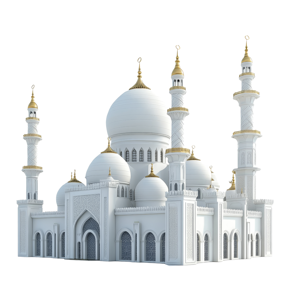 Beautifully rendered mosque design on transparent background showcasing intricate architectural details, 3D Rendered Mosques on transparent background png
