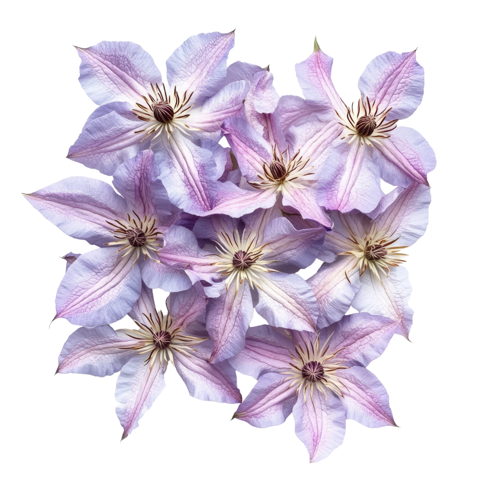Beautiful clematis flowers in soft lavender shades isolated on a transparent background, showcasing intricate petal details and natural elegance, clematis flowers isolated on transparent background png