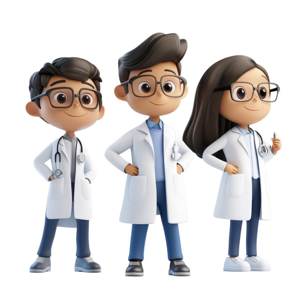 A group of cartoon students in lab coats preparing for a science project at a school lab during the day, Group of 3D cartoon character student wearing scientific lab coat isolated on transparent png