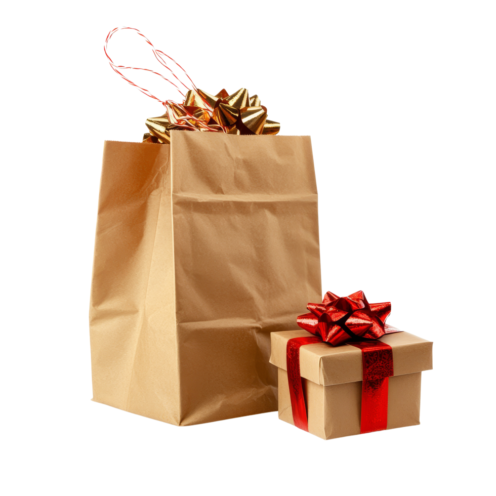 Colorful gift boxes emerging from a festive paper bag on a clean transparent background, Gift boxes pop out from paper bag isolated on transparent background png