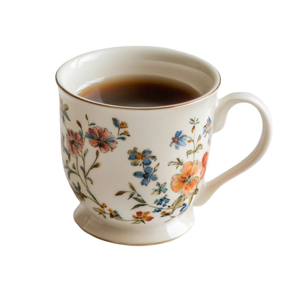 Vintage floral coffee cup filled with dark coffee on a plain transparent background showcasing its intricate design, Vintage floral coffee cup on a transparent background png