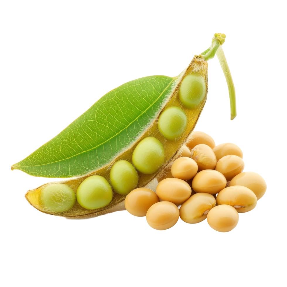 Closeup of fresh soybeans and pod isolated on a transparent background highlighting their vibrant green color and texture, Close up Soybean isolated on transparent background png
