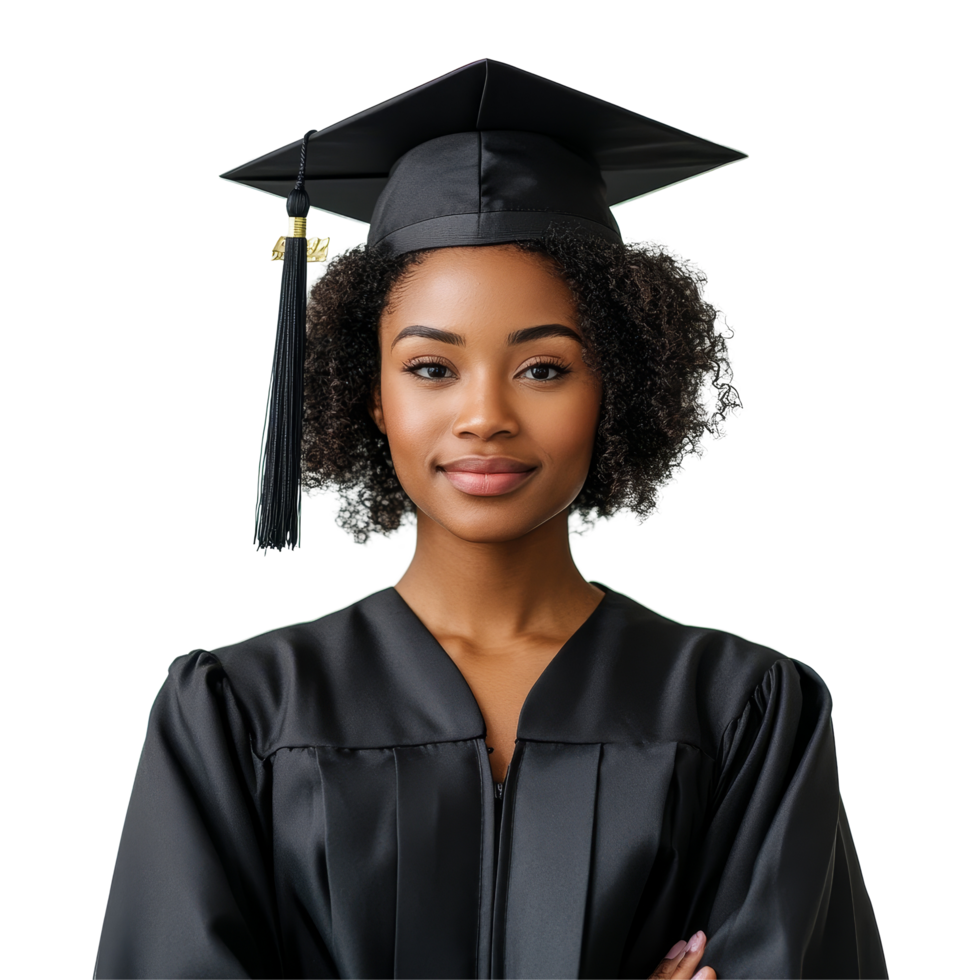 Female graduate in a black cap and gown stands confidently against a transparent background, Black Female Graduate in Cap and Gown on transparent background png