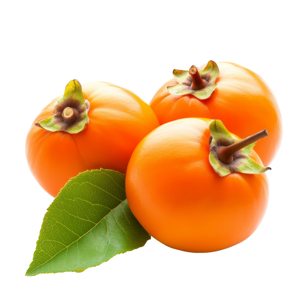 Fresh ripe persimmons with green leaves arranged beautifully on a clean transparent background, fresh ripe persimmons with leaf isolated on transparent background png