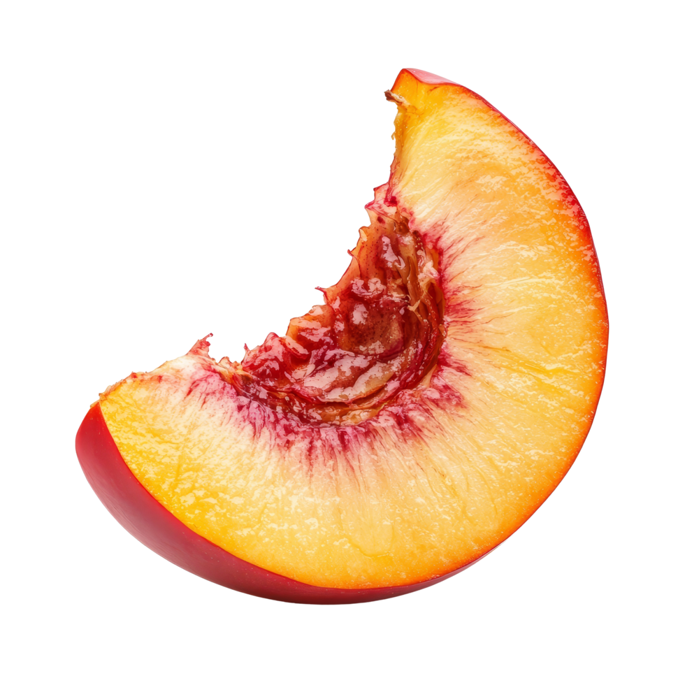 Juicy nectarine slice with bite marks isolated against a clean transparent background, Nectarine slice isolated on transparent background png