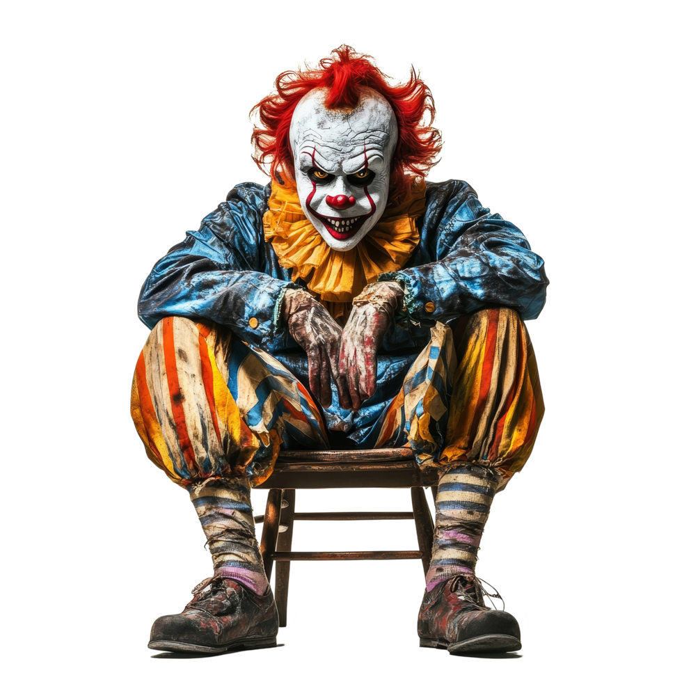 Scary clown sitting on a wooden chair with a sinister expression against a transparent background, Scary Clown Sitting on Chair Isolated on transparent background png