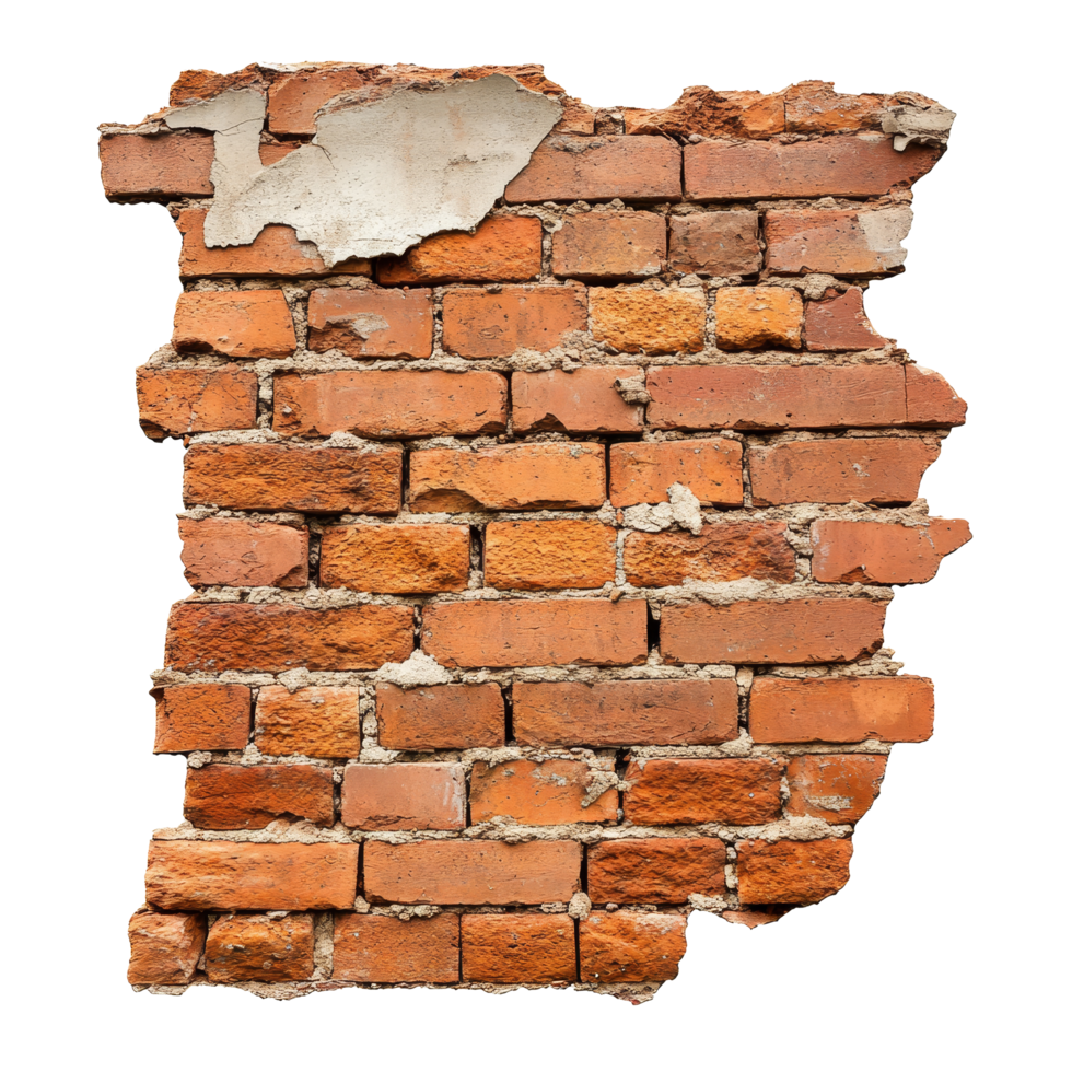 Weathered red brick wall with cracks and collapsed sections in an urban setting, Ruined, collapsed, cracked, or broken weathered red brick wall transparent background png
