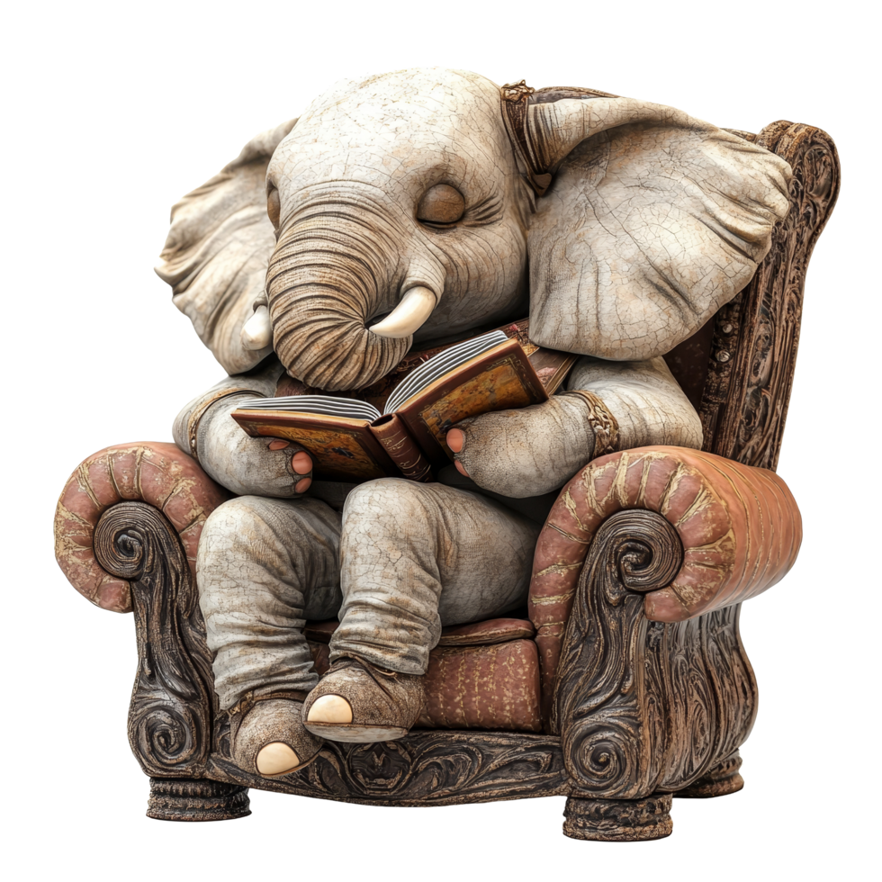 A relaxed elephant enjoys storytime in a cozy chair while reading a book in a peaceful setting, A laidback elephant reading a book in a cozy armchair on transparent background png