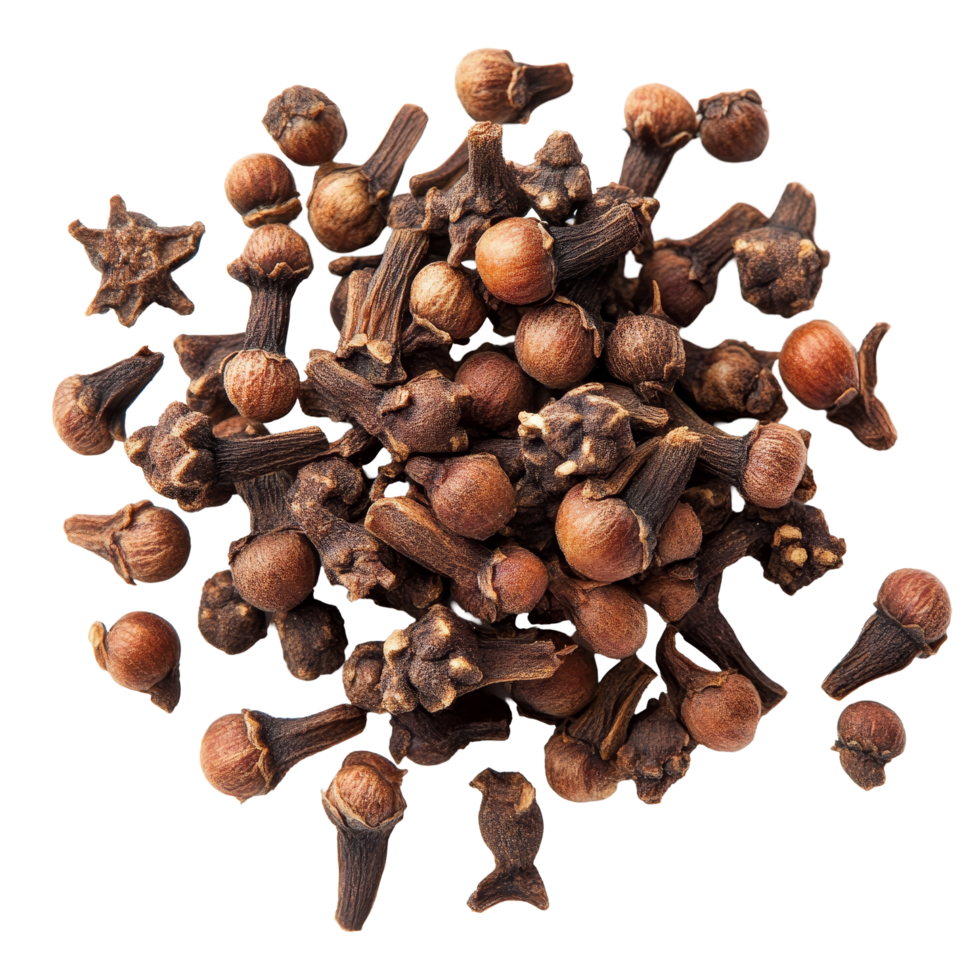 A closeup view of aromatic cloves arranged on a transparent background showcasing their unique texture and rich color, cloves on transparent background png