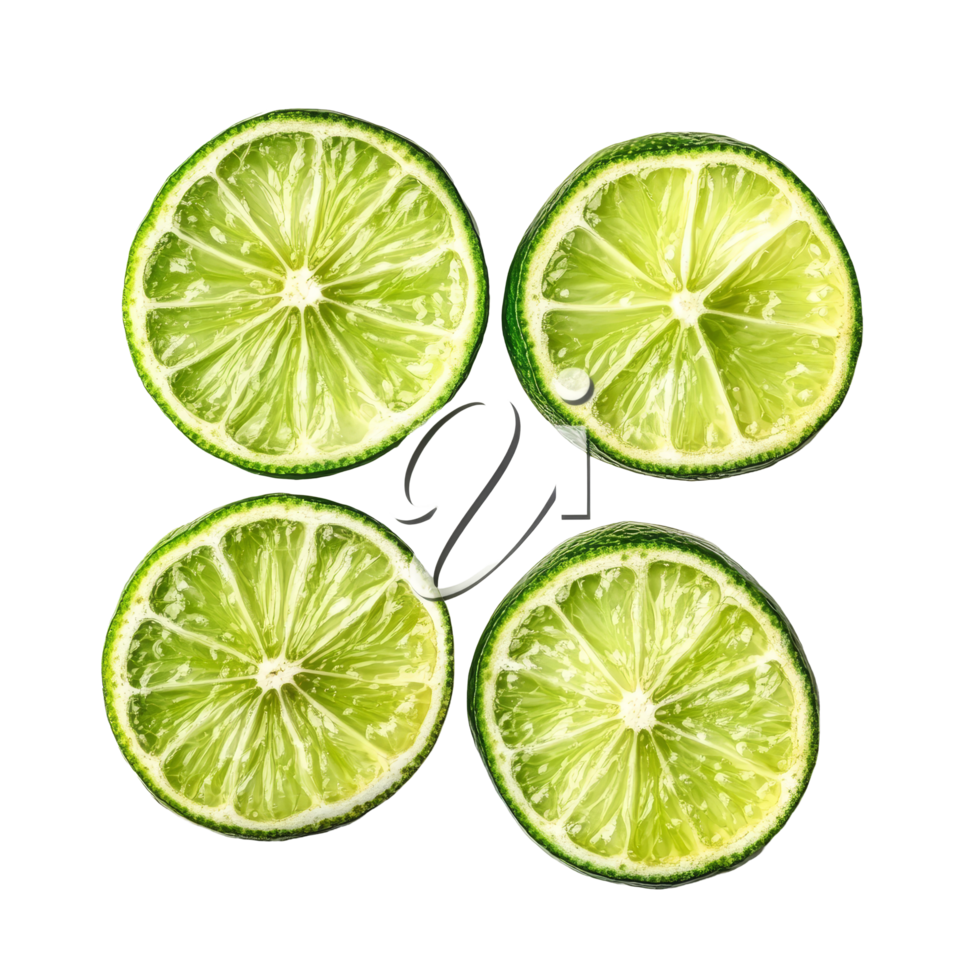 Fresh lime slices arranged artistically on a clean transparent background, showcasing their vibrant green color and texture, Lime slices isolated on transparent background png
