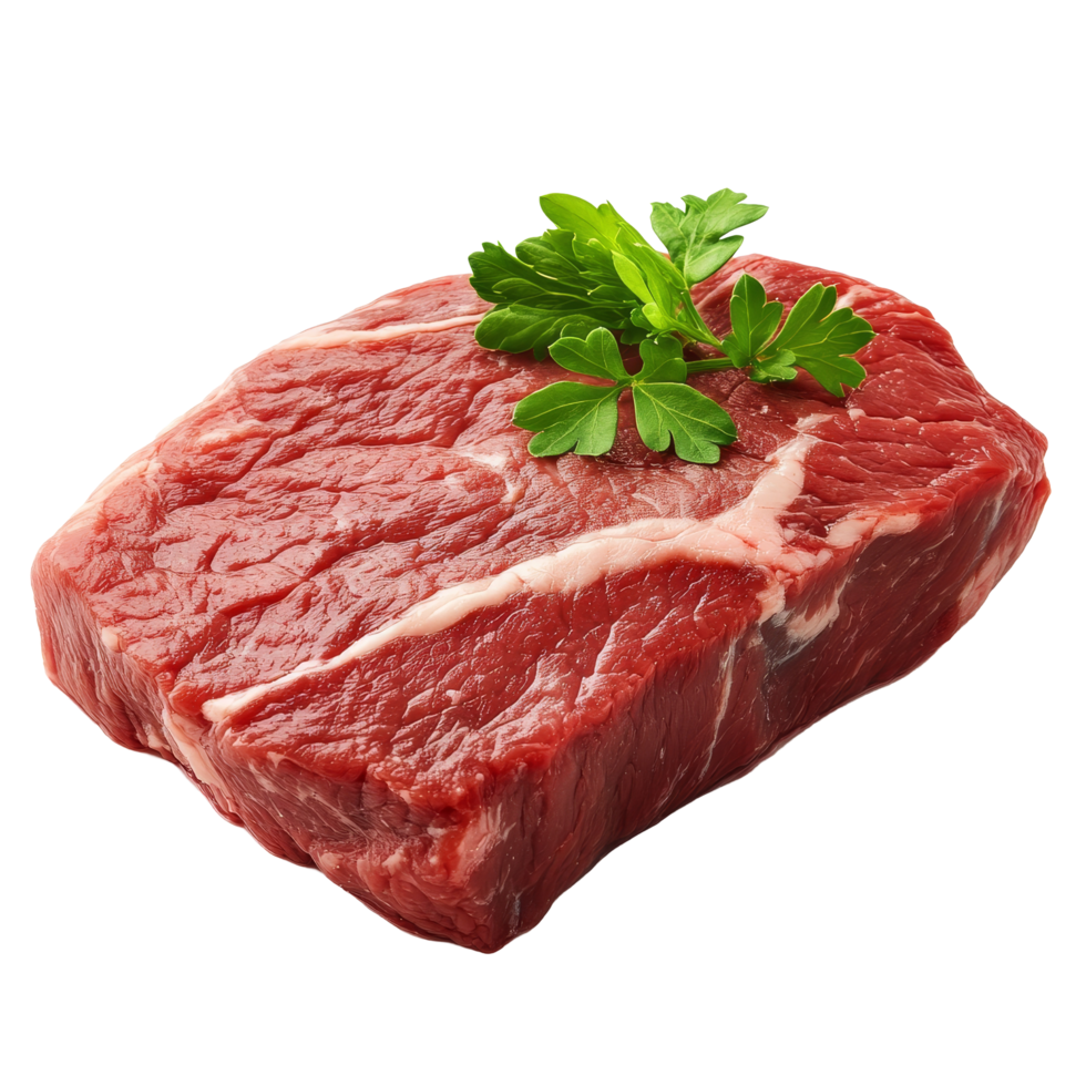 Fresh raw marbled beef steak garnished with parsley on a clean transparent background, Isolated fresh raw marbled beef meat steak png