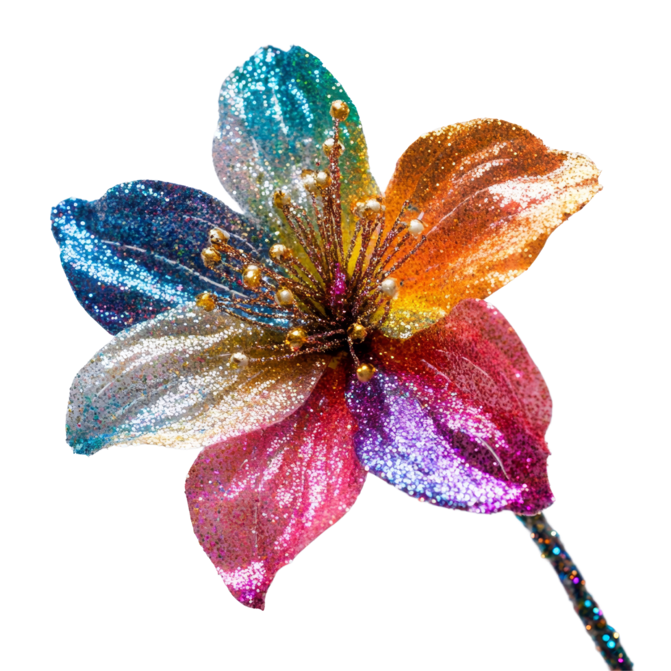 Colorful glitter flower on a transparent backdrop showcasing vibrant hues and sparkling details, Beautiful colorful glitters flower on a transparent background png