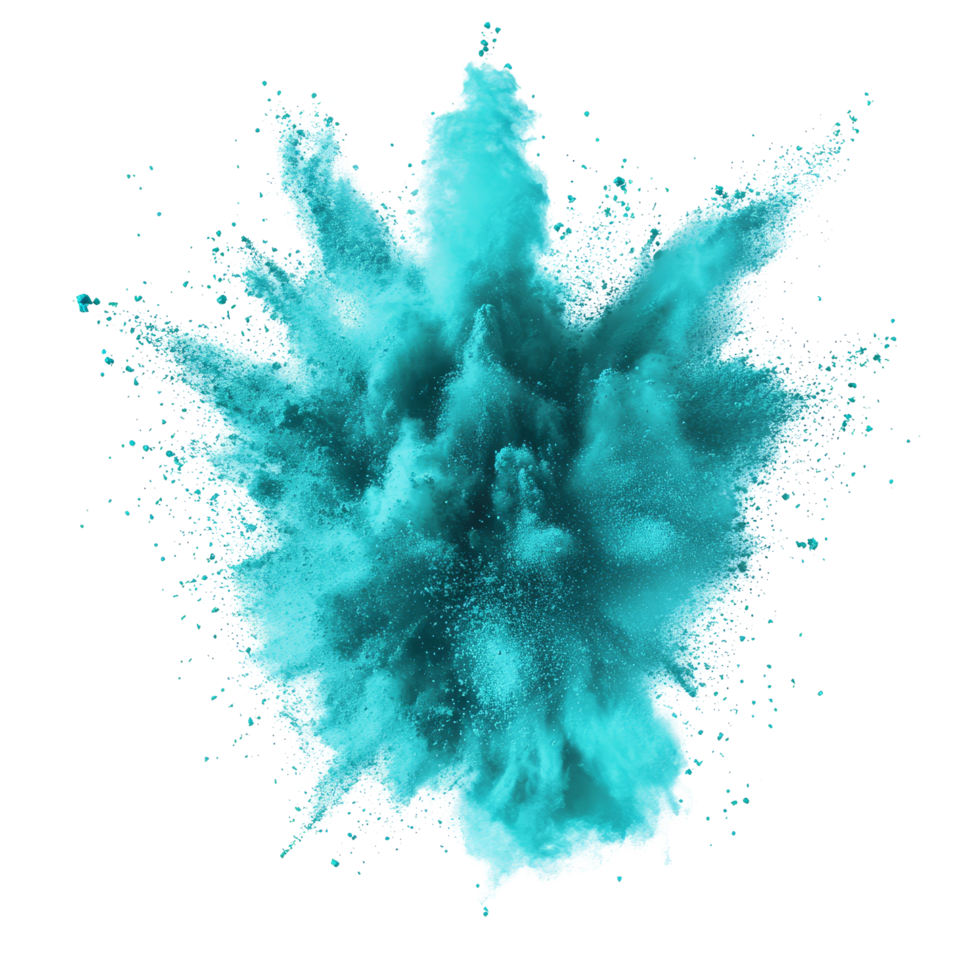 Vibrant turquoise color powder explosion isolated on transparent background showcasing dynamic motion, turkis color powder pulver explosion isolated on transparent background png