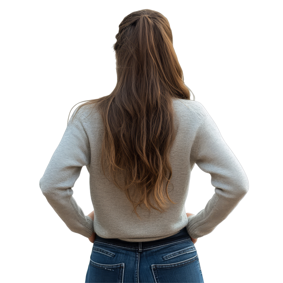 Young woman with long hair stands confidently, hands on hips, in a casual sweater and jeans, Young woman standing back view file no background png