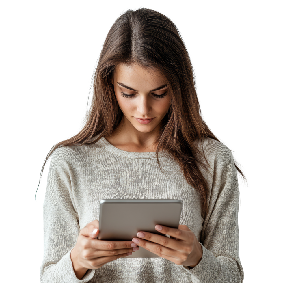 Attractive girl focused on using her tablet in a cozy indoor setting during the daytime, attractive girl using tablet, file of isolated object with shadow on transparent background png