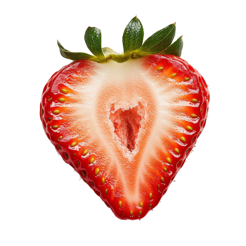 Freshly cut half of a ripe strawberry showcasing its juicy interior and vibrant color on a plain background, Half of strawberry isolated png