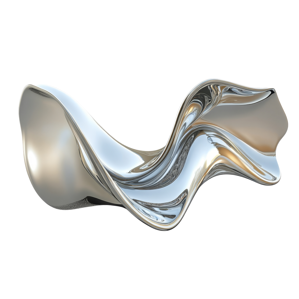 Abstract metallic wave sculpture showcasing fluidity and form in a sleek, isolated design, flowing abstract metallic wave solid shape isolated transparent background png