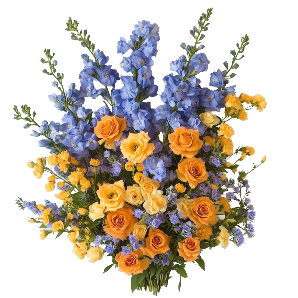 Beautiful arrangement of blue delphiniums and apricotorange roses for a summer celebration, Blue Delphiniums complemented by Apricot Orange Roses and Lemon Yellow Freesias transparent background png