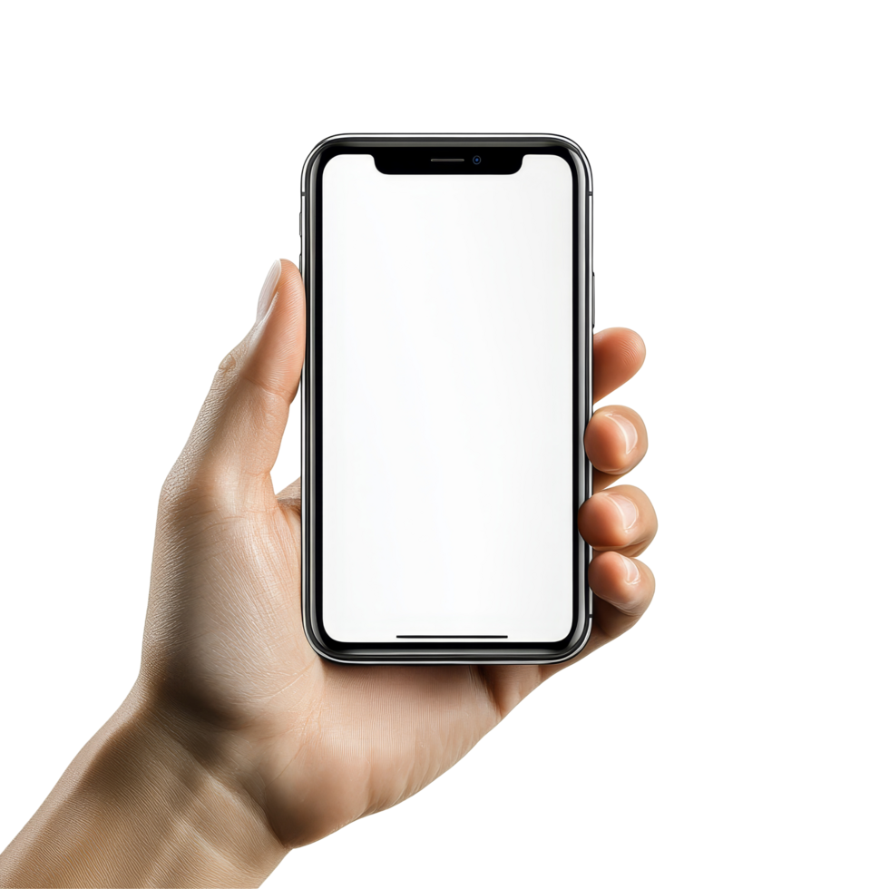 A hand holding a mobile phone mockup with a blank screen displayed against a light background, Hand holding mobile phone screen mockup, iphone mock up isolated on transparent background png