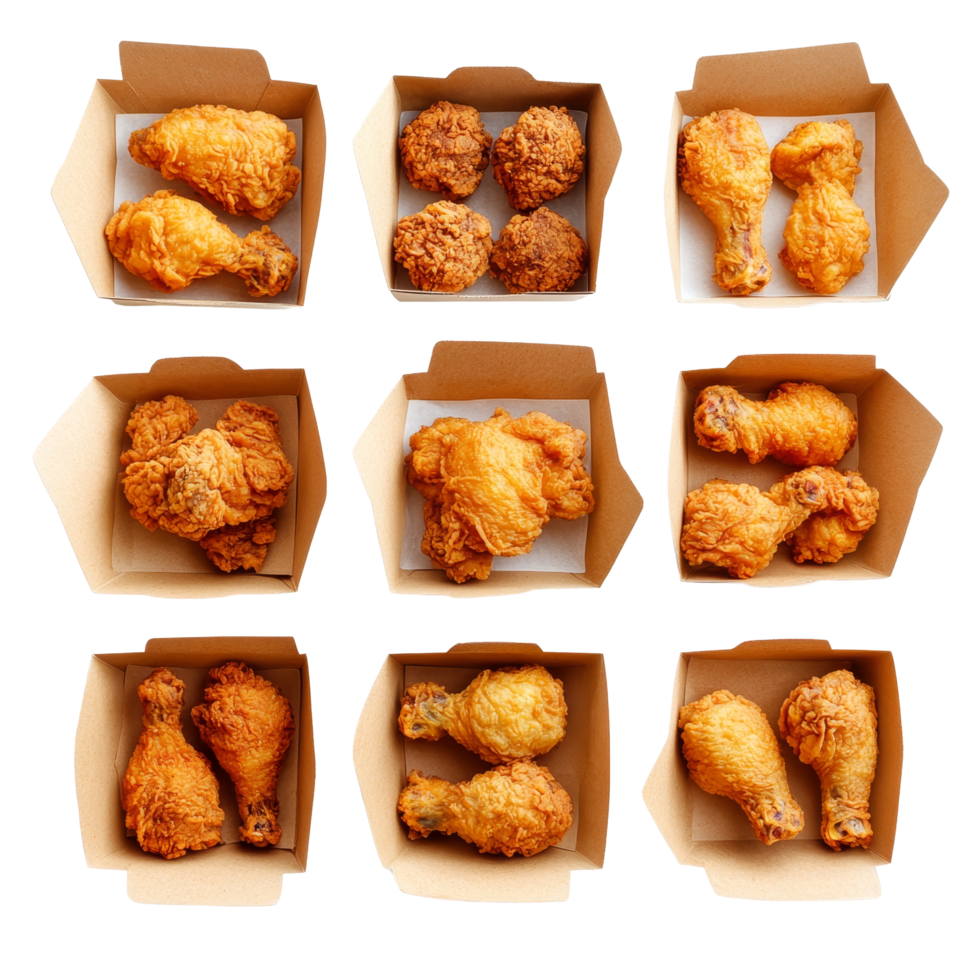 A delicious assortment of fried chicken served in square brown cardboard containers for an appetizing meal experience, fried chicken in square brown card box paper isolated on transparent background png