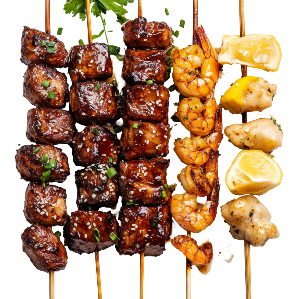 Delicious skewers of teriyaki chicken, beef satay, and garlic shrimp served with lemon slices, Skewers with Teriyaki Chicken, Beef Satay, and Garlic Lemon Shrimp on transparent background png