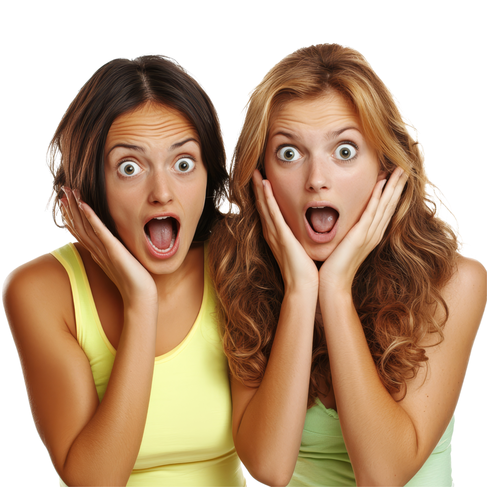 Two amazed young women express excitement during a spontaneous moment of surprise in a bright setting, two amazed young women friends, file of isolated object on transparent background png